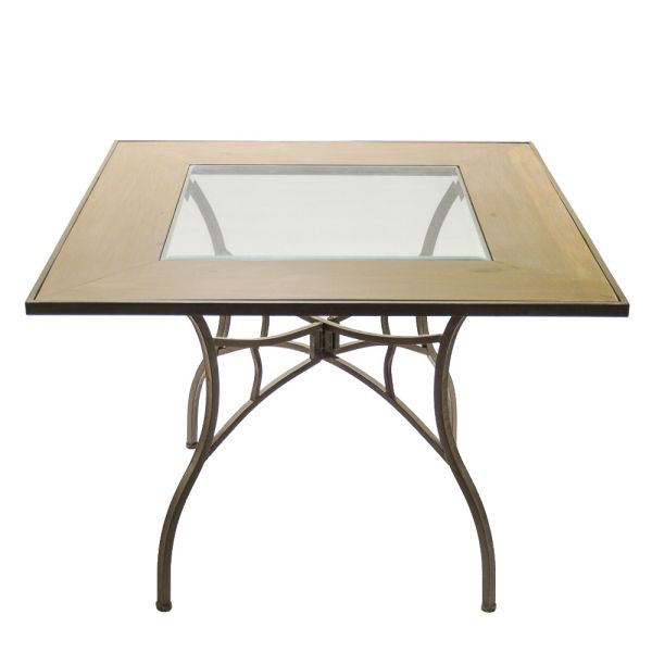MESA DE EXTERIOR O COCINA CUADRADA MADERA Y CRISTAL PATAS METAL NEGRAS 100X73