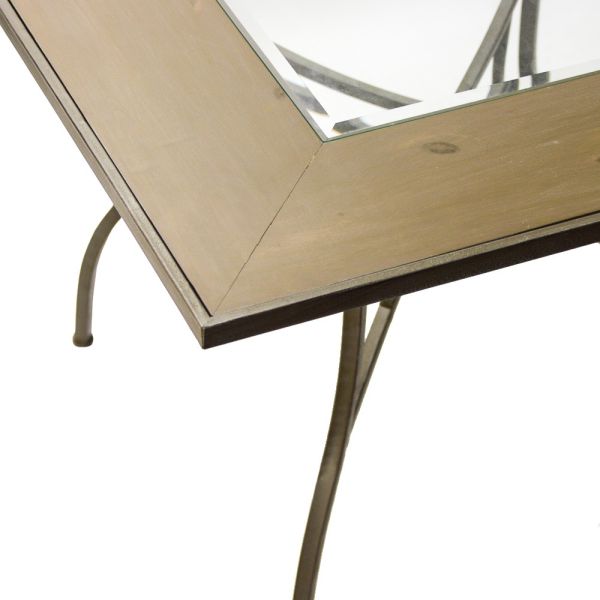 MESA DE EXTERIOR O COCINA CUADRADA MADERA Y CRISTAL PATAS METAL NEGRAS 100X73