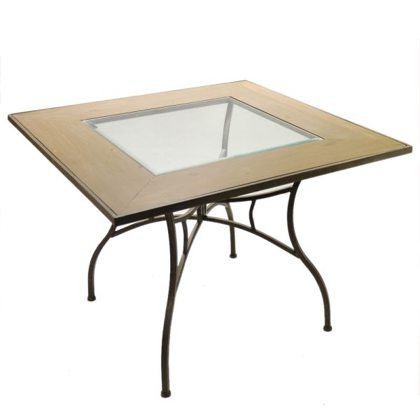 MESA DE EXTERIOR O COCINA CUADRADA MADERA Y CRISTAL PATAS METAL NEGRAS 100X73