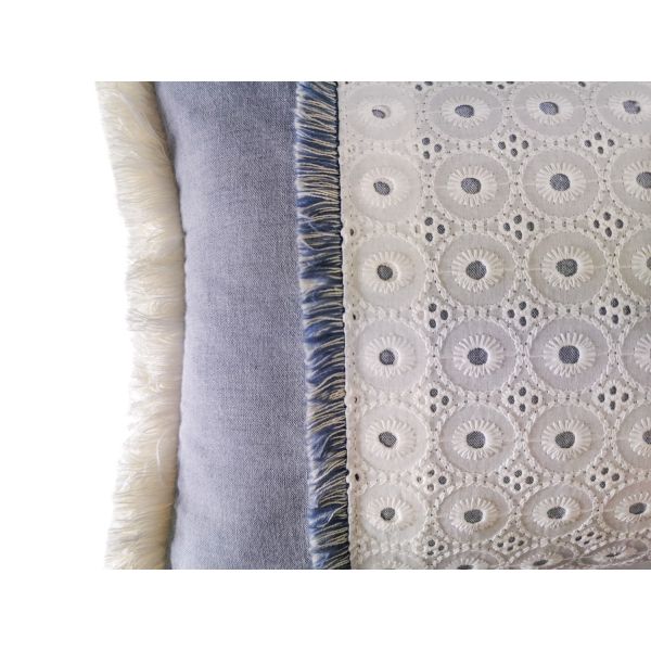 Funda Cojín decorativo Azul Bordado 60 x 30 con Flecos, Cama, Sofá, con Cremallera | Liberty Blue