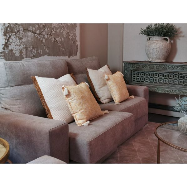 Pack Funda Nórdica Beige + 2 Fundas Almohada + Sábana Bajera + 6 Cojines decorativos + Plaid Manta pie cama | Liberty Camel