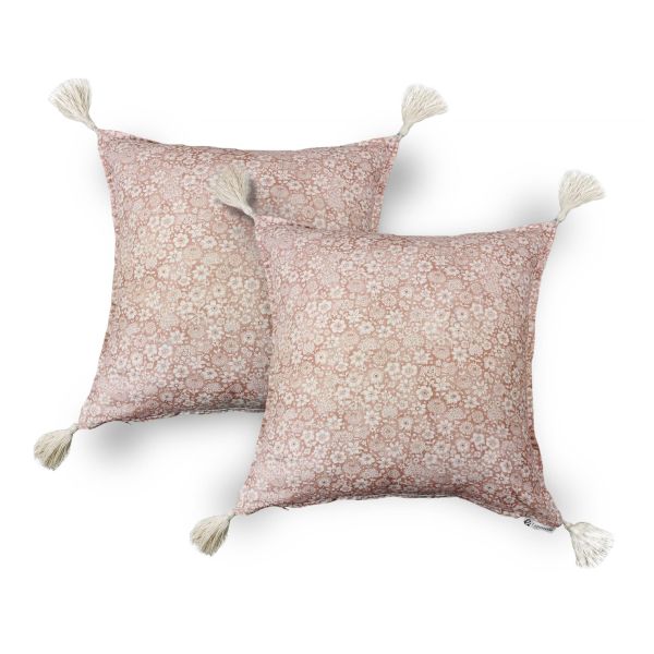2 Fundas Cojín decorativo Rosa palo Flores 45 x 45 con Borlas, Cama, Sofá, con Cremallera | Liberty Nude