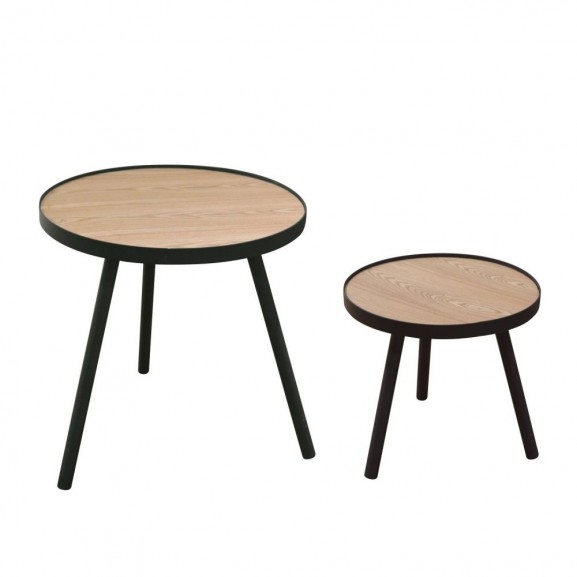 Set 2 mesas auxiliares redondas tapa madera patas metal negro 50x51