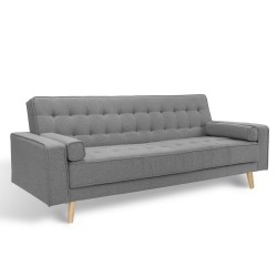 Sofá-cama de 3 plazas 215x77x82 tapizado en loneta color gris. Patas de madera color pino