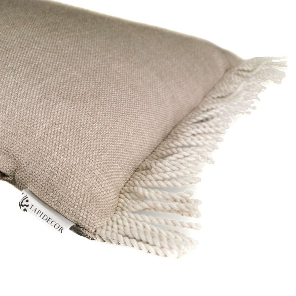 Funda Cojín beige marrón fleco blanco 60x40. Colección Nature