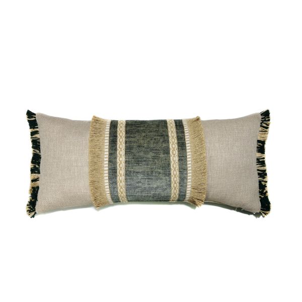 Funda Cojín 70x30 marrón topo vere oliva franja central flecos dobles, Sofá, Cama, Forest