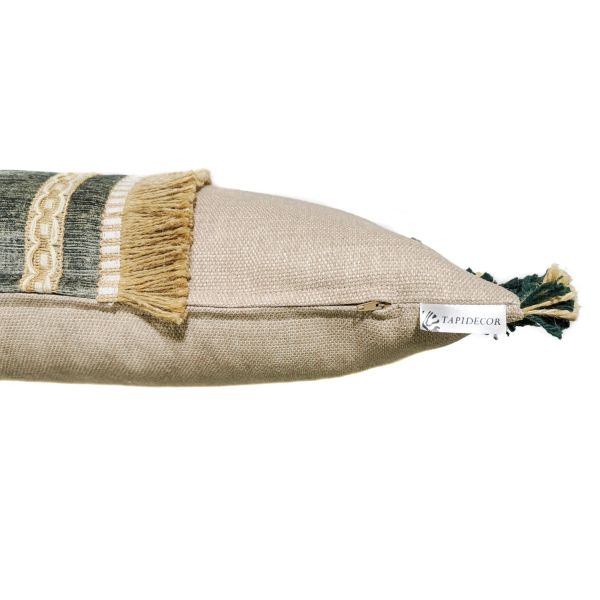 Funda Cojín 70x30 marrón topo vere oliva franja central flecos dobles, Sofá, Cama, Forest