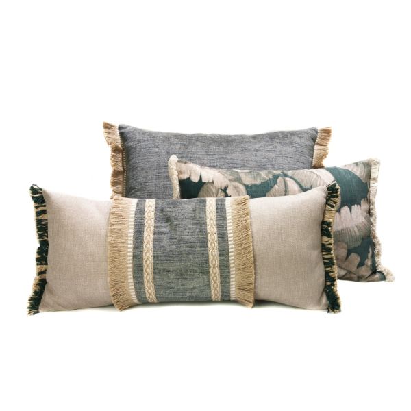 Funda Cojín 70x30 marrón topo vere oliva franja central flecos dobles, Sofá, Cama, Forest