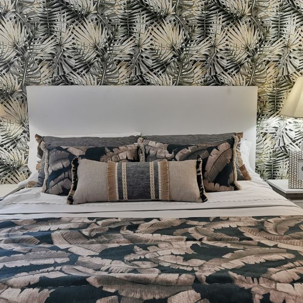 Funda Cojín 70x30 marrón topo vere oliva franja central flecos dobles, Sofá, Cama, Forest