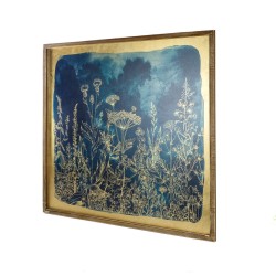 Panel madera 80x3x80 azul/oro flores 80X3X80