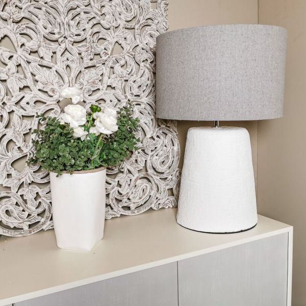 PIE DE LAMPARA Y PANTALLA TRENZA ALGODON BLANCO 42X42X64