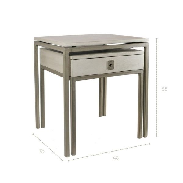 Set 2 Mesitas noche 1 cajón fabricada en MDF color blanco patas y estructura metal aluminio mate 50x45x45