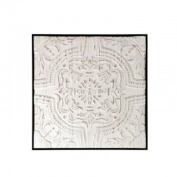 Talla cuadro madera pared 60x3x60 blanco decapado y marrón, marco negro