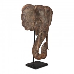 Figura escultura estátua cabeza elefante 31x11x45 madera gris desgastada.