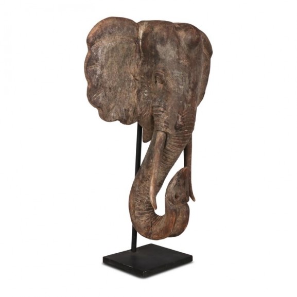 Figura escultura estátua cabeza elefante 31x11x45 madera desgastada, base hierro negro.