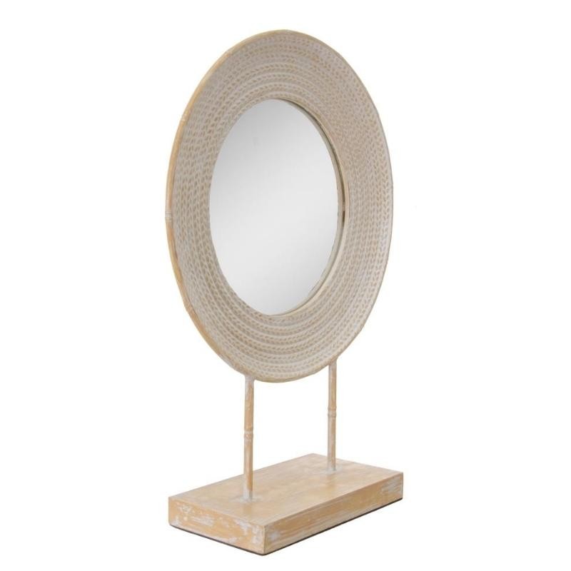 Espejo sobremesa redondo 40x14x55 metal base madera, diámetro cristal interior 25 cm