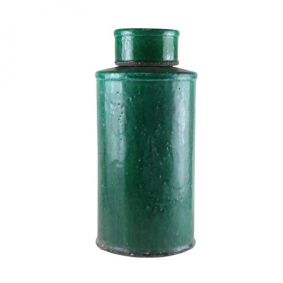 Bote Jarrón redondo con tapa grande 17x3617 cerámica verde craquelado