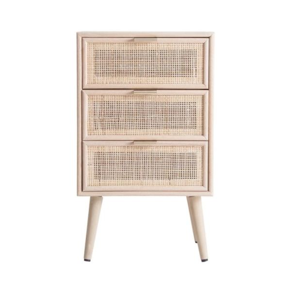Mesita noche madera pino 3 cajones mimbre  42x71x37
