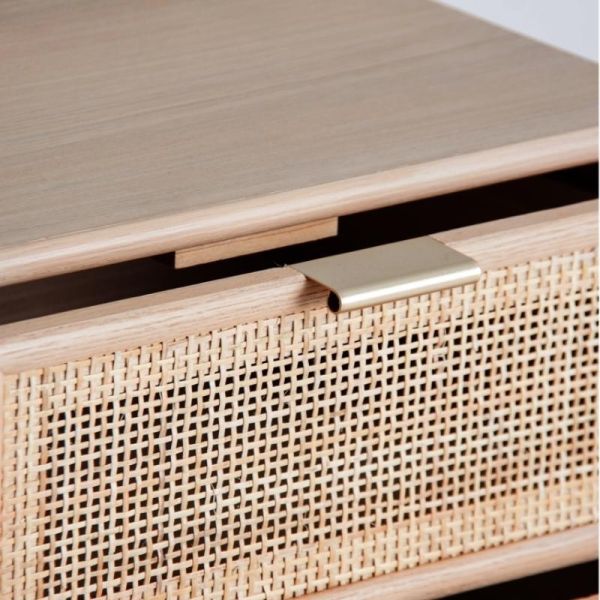 Mesita noche madera pino 3 cajones mimbre  42x71x37