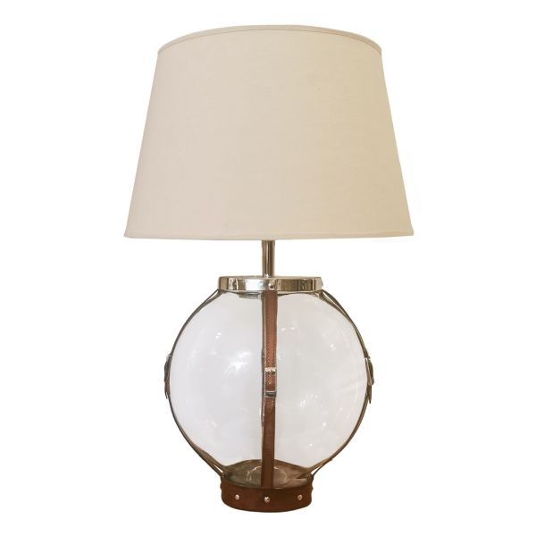 Lampara de sobremesa cristal ovalada tiras cuero  