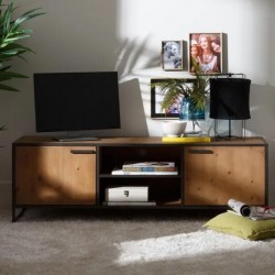 Mueble TV madera abeto- hierro negro 150x49x40 color oscuro, 2 puertas y 1 balda