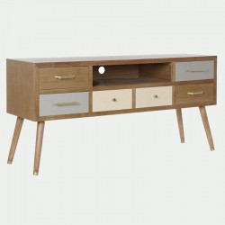 Mueble TV madera melamina - metal 140x67x40 color natural, 6 cajones y 1 balda central