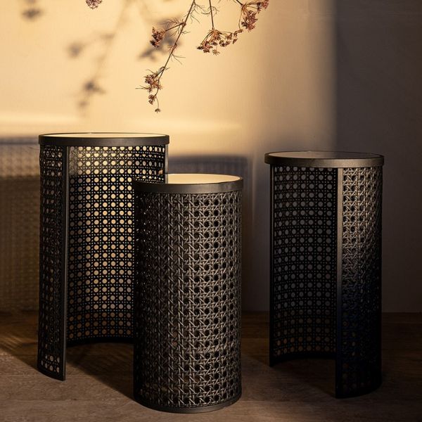 SET 3 MESAS AUXILIARES HIERRO GRIS TAPA ESPEJO 40.5X70.5X40.5