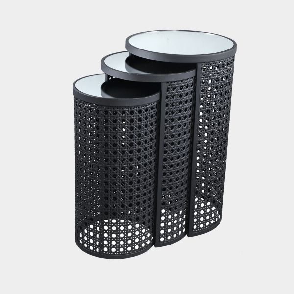 SET 3 MESAS AUXILIARES HIERRO GRIS TAPA ESPEJO 40.5X70.5X40.5