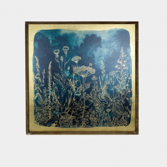 Panel madera 80x3x80 azul/oro flores  80X3X80