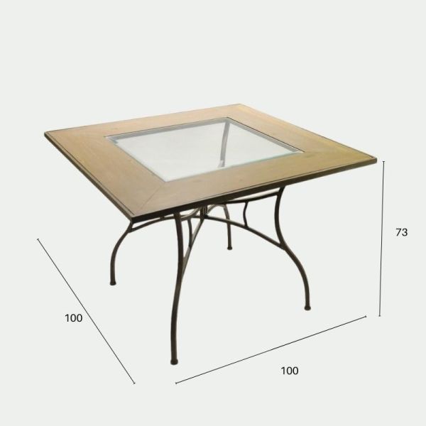 MESA DE EXTERIOR O COCINA CUADRADA MADERA Y CRISTAL PATAS METAL NEGRAS 100X73