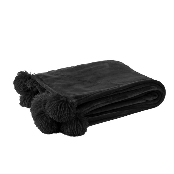 PLAID POMPON POLYESTER NEGRO 130X170X1