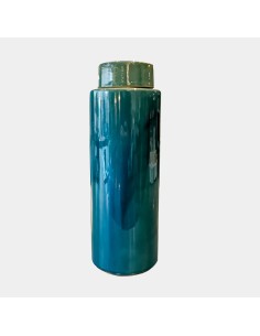 Bote jarrón redondo cerámica azul verdoso