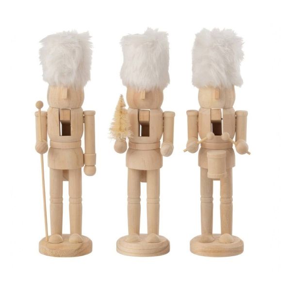 Set 3 cascanueces madera gorro pelo natural blanco 27x6 cm