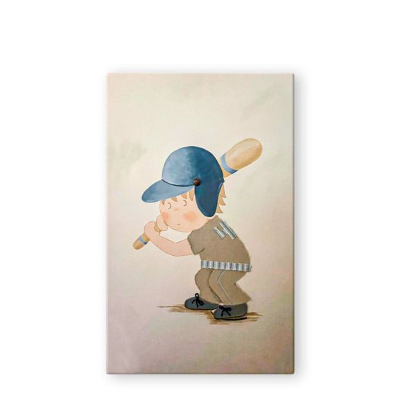 CUADRO JUVENIL NIÑO BEISBOL AZUL FONDO BLANCO 45X70