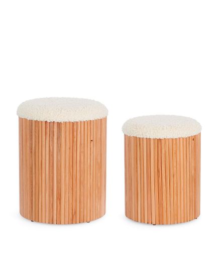 SET 2 POUFF MADERA TAPIZADO EFECTO LANA Ø31.5X38, Ø36X44