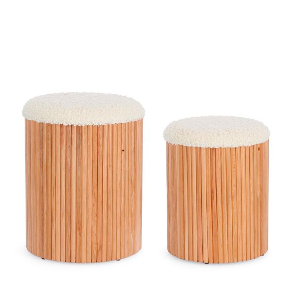 SET 2 POUFF MADERA TAPIZADO EFECTO LANA Ø31.5X38, Ø36X44