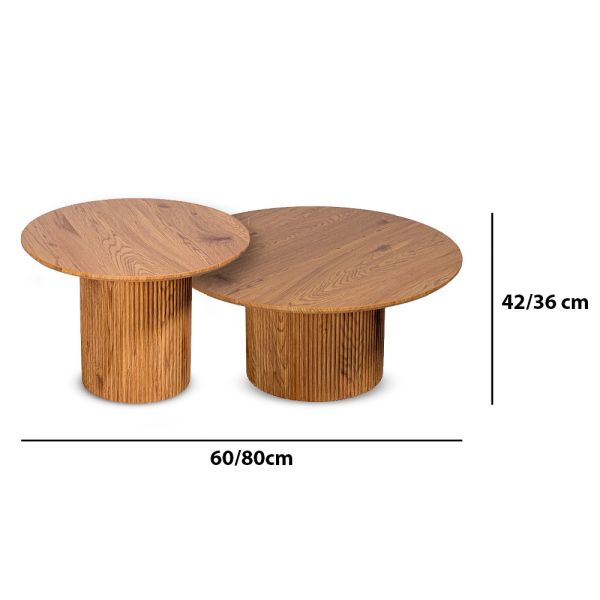 SET 2 MESAS CENTRO MADERA ROBLE Ø80X36+Ø60X42CM