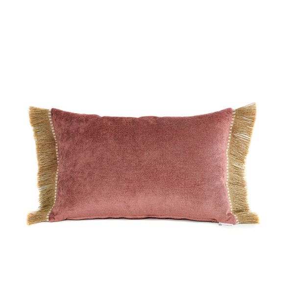 Cojín rectangular cama sofá liso rosa amoratado relleno pluma fleco rafia 60x40