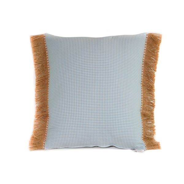 Cojín cuadrado cama sofá vichy blanco azul relleno pluma fleco rafia 50x50