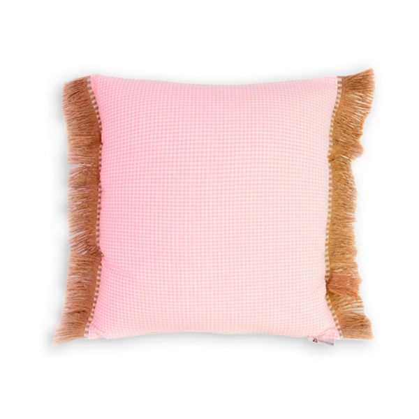 Cojín cuadrado cama sofá vichy blanco rosa relleno pluma fleco rafia 50x50