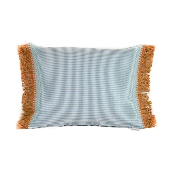 Cojín rectangular cama sofá vichy azul blanco relleno pluma fleco rafia 60x40