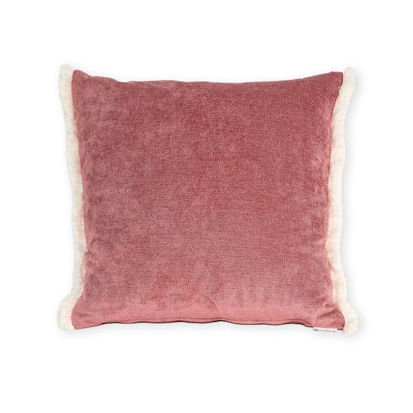 Cojín cuadrado cama sofá liso rosa amoratado relleno pluma fleco blanco 50x50