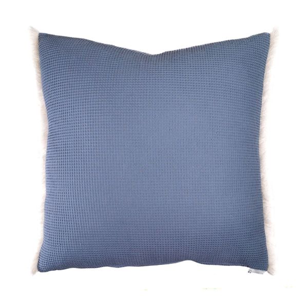 Cojín cuadrado cama sofá piqué gofrado azul marino relleno pluma fleco blanco 60X60