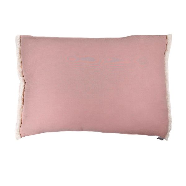 Cojín rectangular sofa cama liso bámbula rosa relleno pluma fleco blanco 70x50