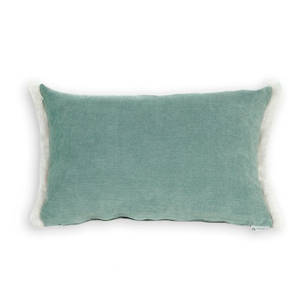 Cojín rectangular cama sofá liso verde claro relleno pluma fleco blanco 60x40