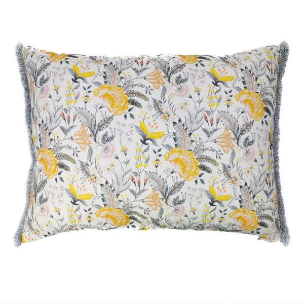 Cojín cuadrado cama sofá estampado floral amarillo y gris, relleno pluma, fleco gris 70x50