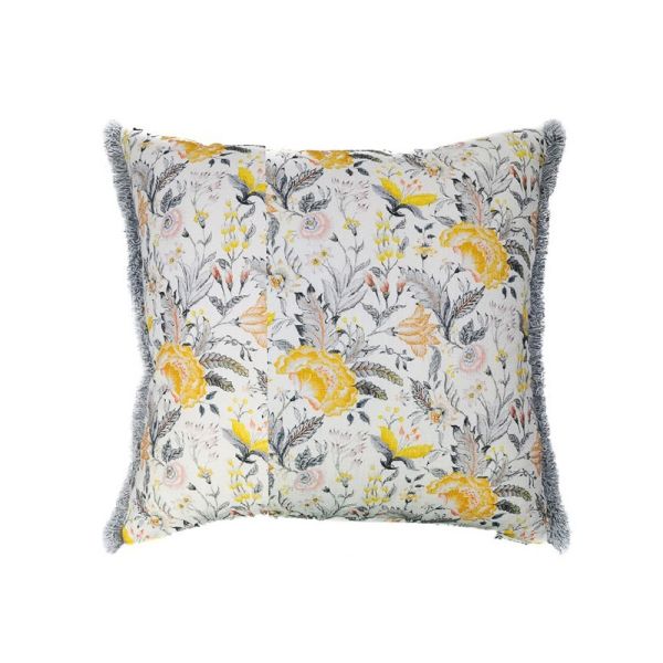 Cojín cuadrado cama sofá estampado floral amarillo y gris, relleno pluma, fleco gris 50x50