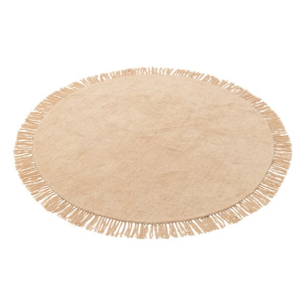 Alfombra redonda beige con flecos – Elegancia y confort