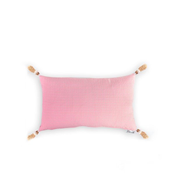 Cojín decorativo Vichy relleno premium borlas rafia, rosa 50x30