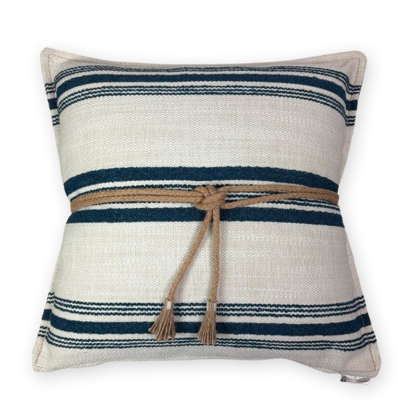 Cojín exterior rayas azul blanco nudo yute 50x50 Relleno Premium Incluido